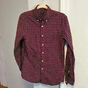JCrew red and blue checked plaid slim-fit button-down shirt.